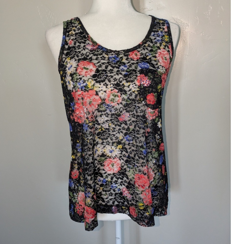 Zenana Outfitters Black Floral Lace Tank Top Women's Medium Sheer Boho